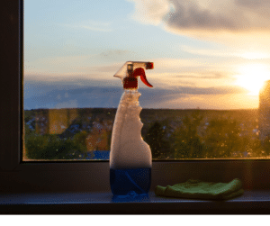 Dirty window with cleaning solution and a sponge 